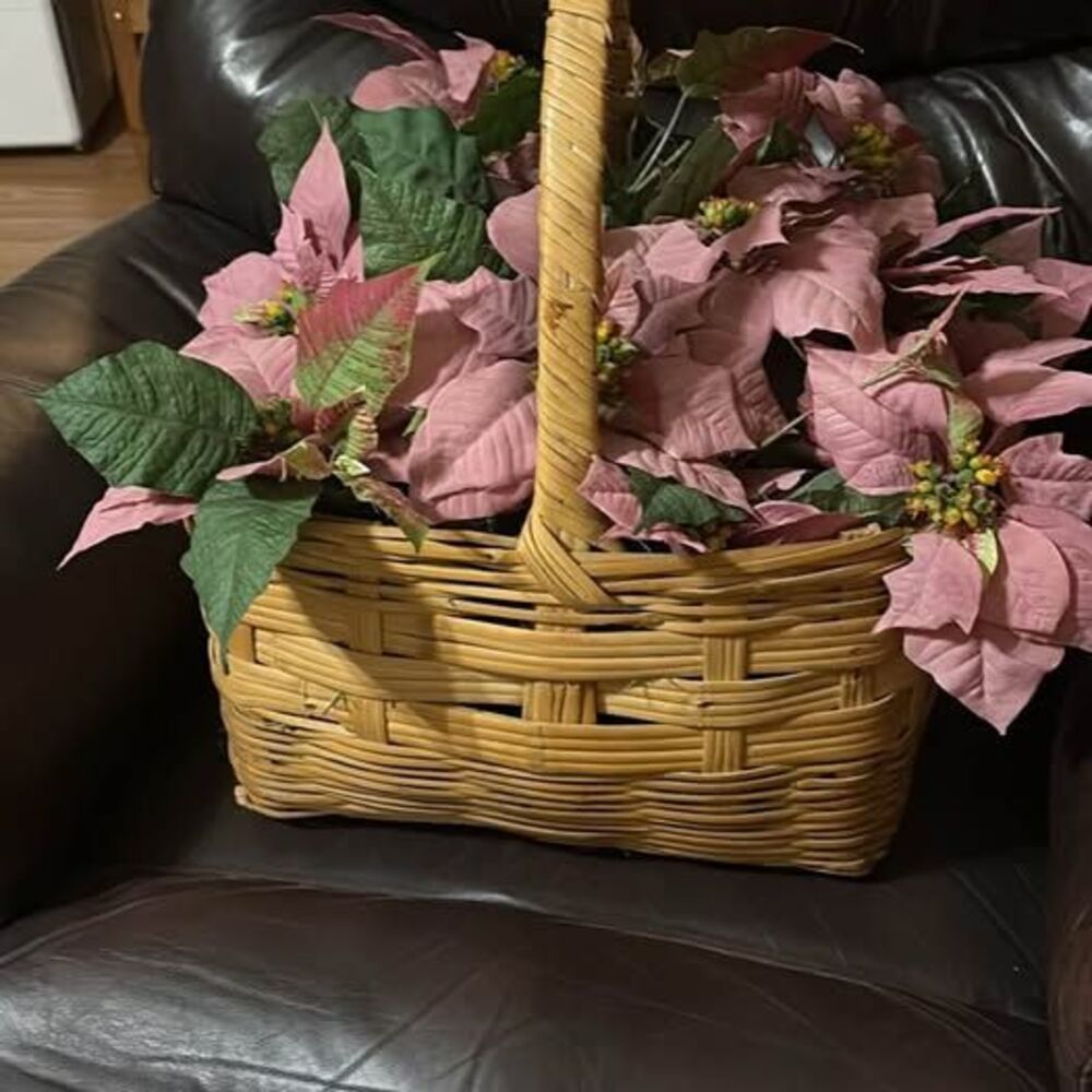 Woven Basket with Artificial Pink Poinsettias